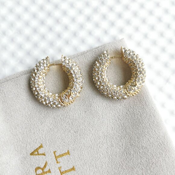 Kendra Scott Gold White Crystal Mikki Pave Hoop Earrings NEW - Picture 2 of 3